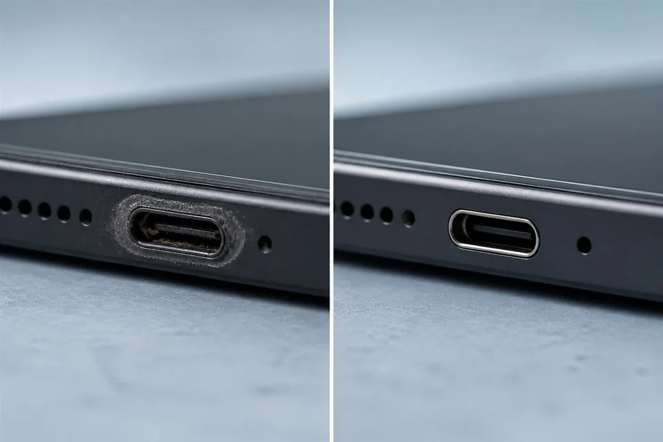 Разъём USB-C смартфона до и после ремонта
